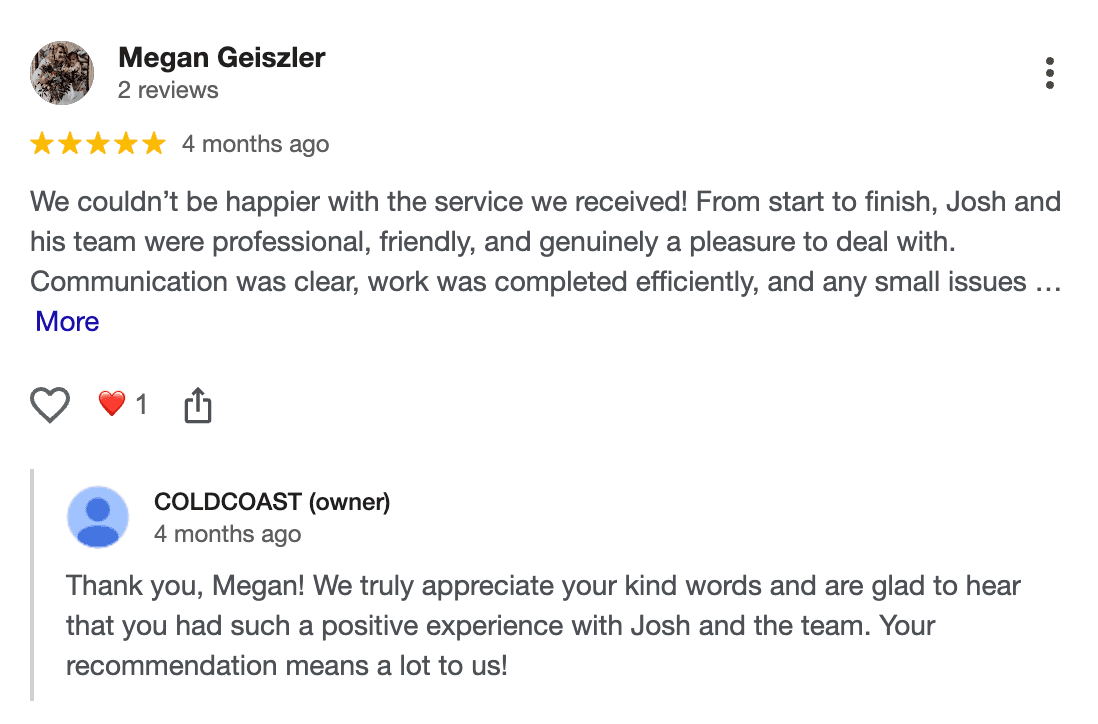 Google review from Megan Geiszler