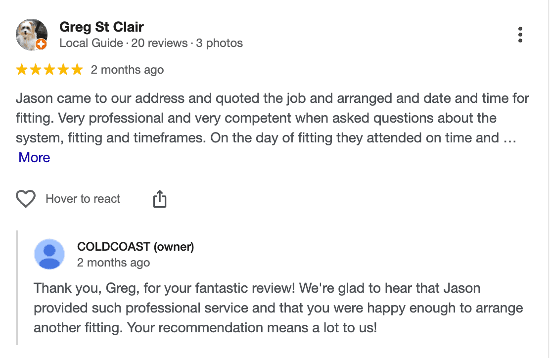 Google review from Greg St Clair
